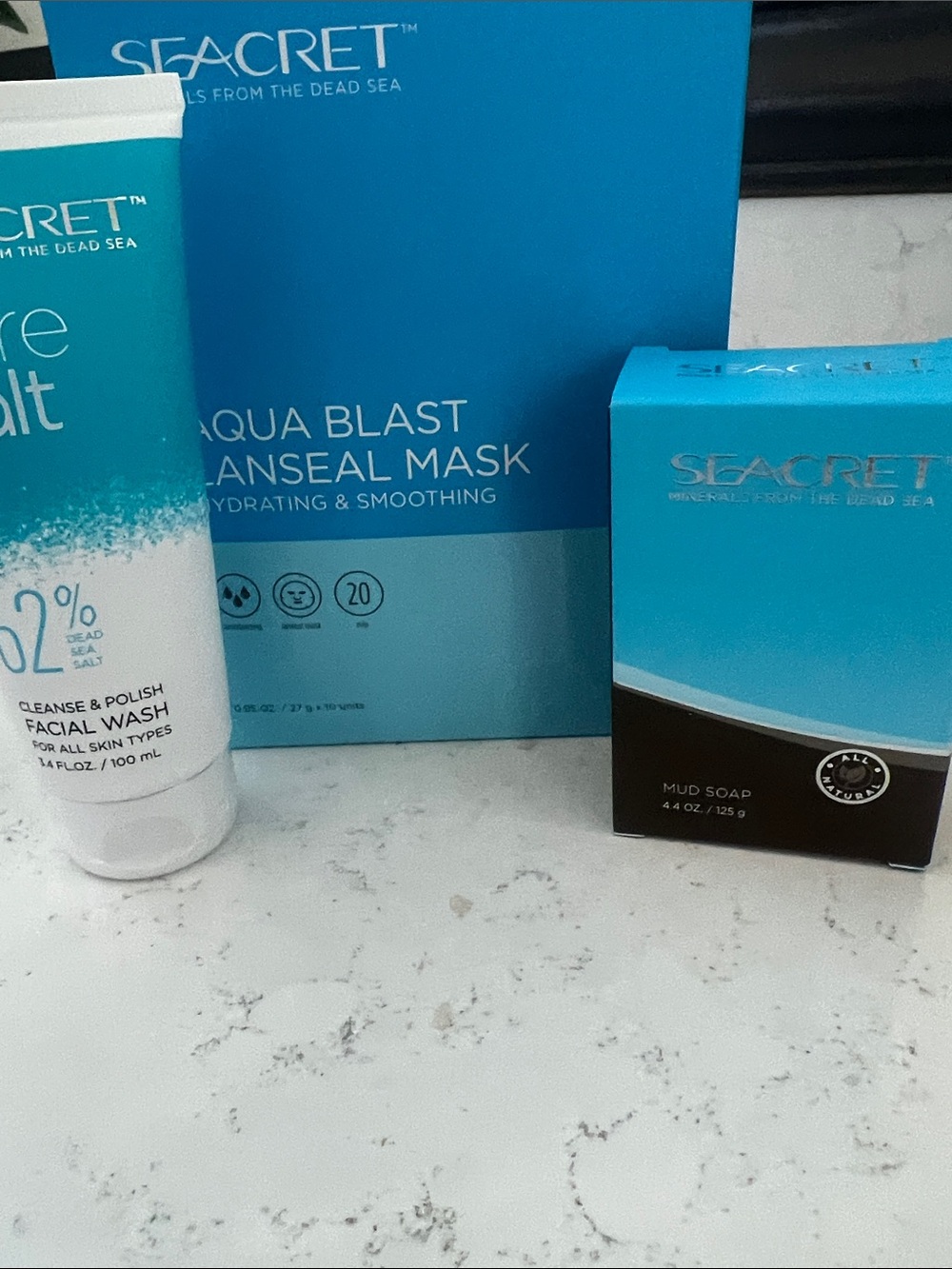 Seacret Aqua Blast Hydrating Face Mask & Mud Soap and pure salt facial scrub